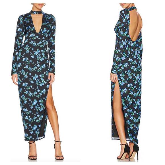 Majorelle Stellina Dress Floral Choker Neckline Backless Long Gown with Slit - Picture 1 of 14